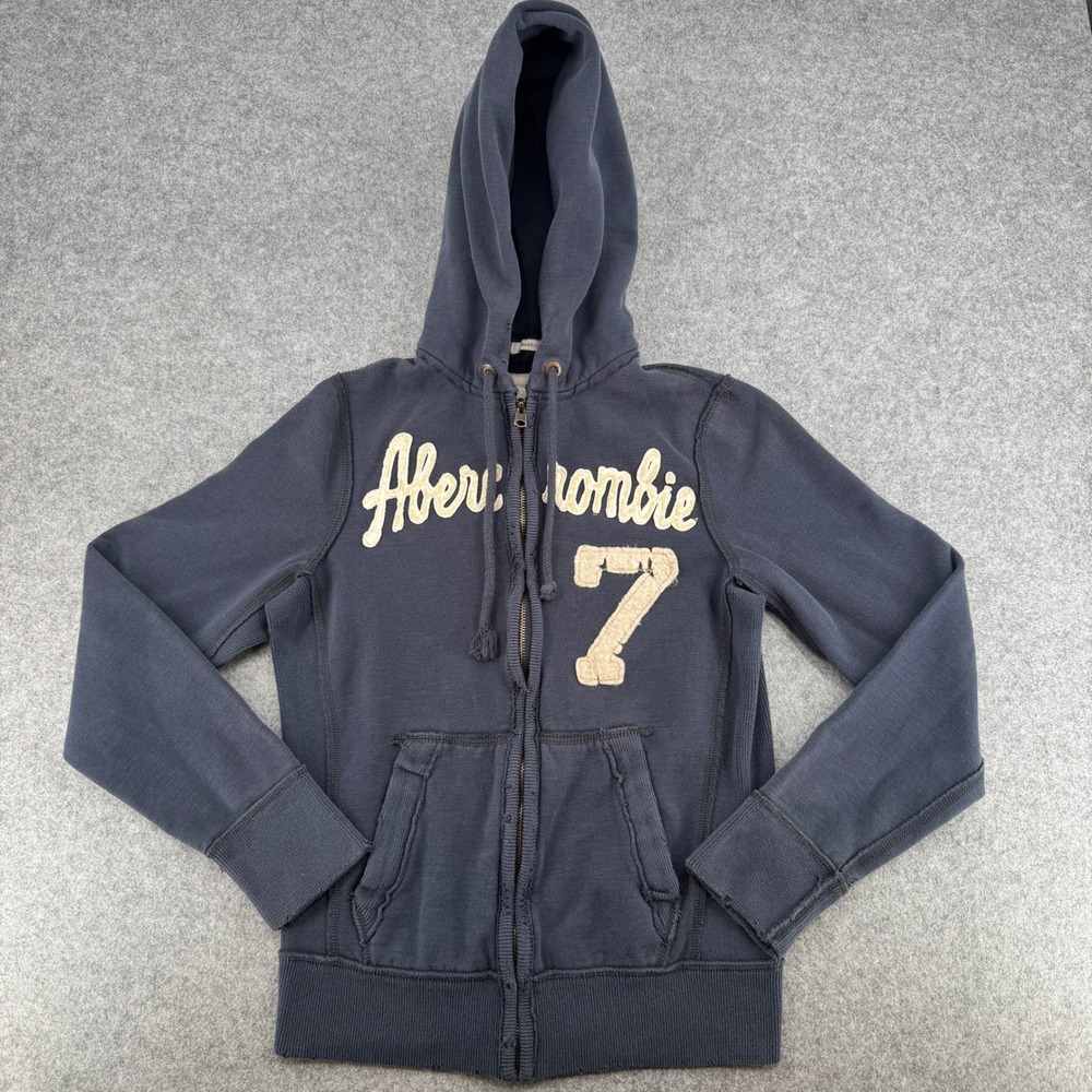 Y2K Abercrombie & Fitch Hoodie Mens Small Muscle Fit Navy Blue Distressed EUC